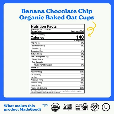 MadeGood Snack Bars Banana Chocolate Chip Oat Cups - 1.23oz/5ct 7 MadeGood Snack Bars Banana Chocolate Chip Oat Cups - 1.23oz/5ct - Image 5